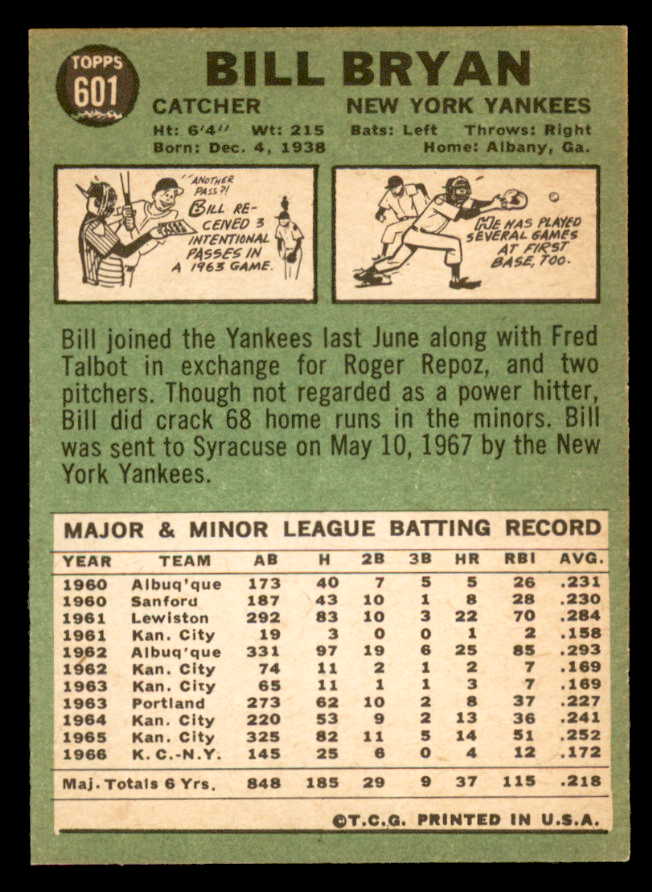 1967 Topps Baseball #601 Billy Bryan Yankees Good 566135
