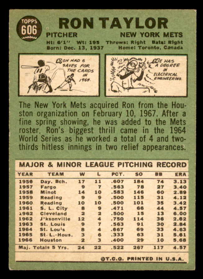 1967 Topps Baseball #606 Ron Taylor Mets VG-EX 566150