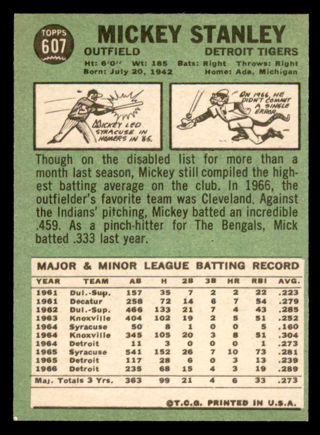 1967 Topps Baseball #607 Mickey Stanley Tigers EX-MT/NR-MT 566151