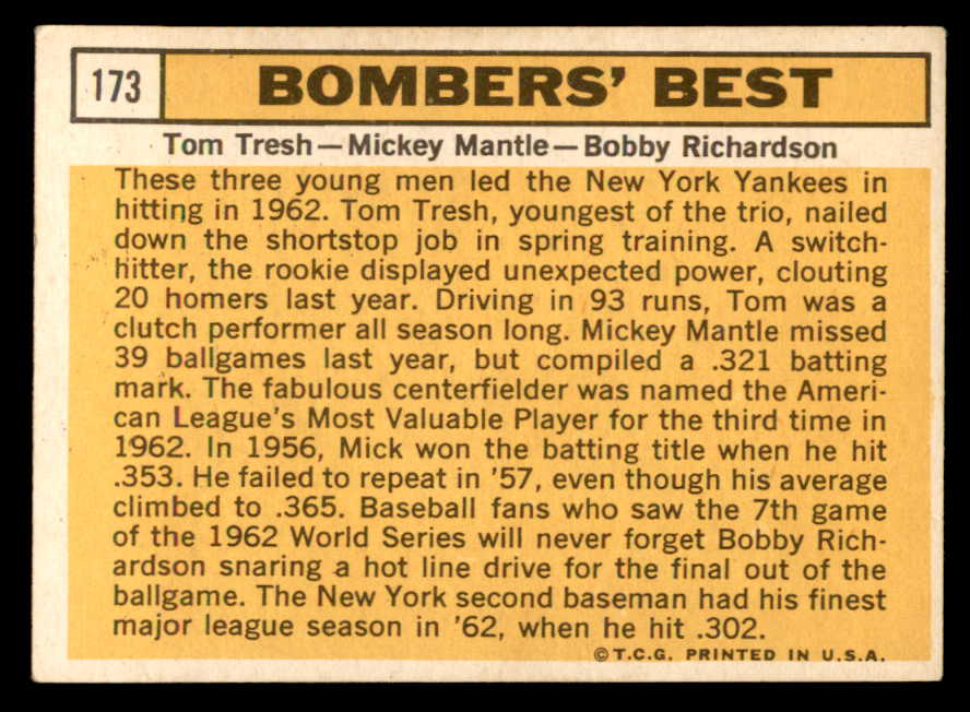 1963 Topps Baseball #173 Mickey Mantle Bobby Richardson EX+/EX-MT 566170
