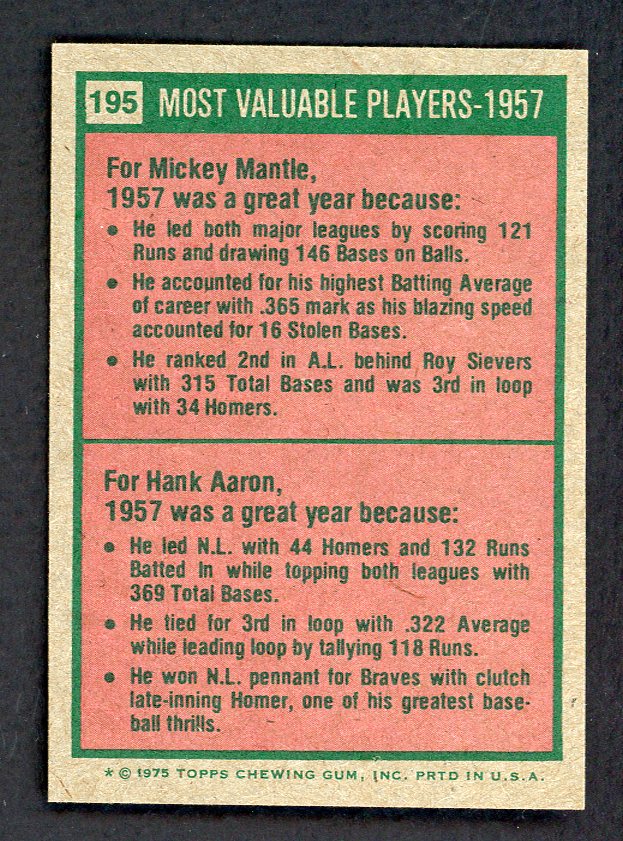 1975 Topps Mini Baseball #195 Mickey Mantle Hank Aaron NR-MT 566185