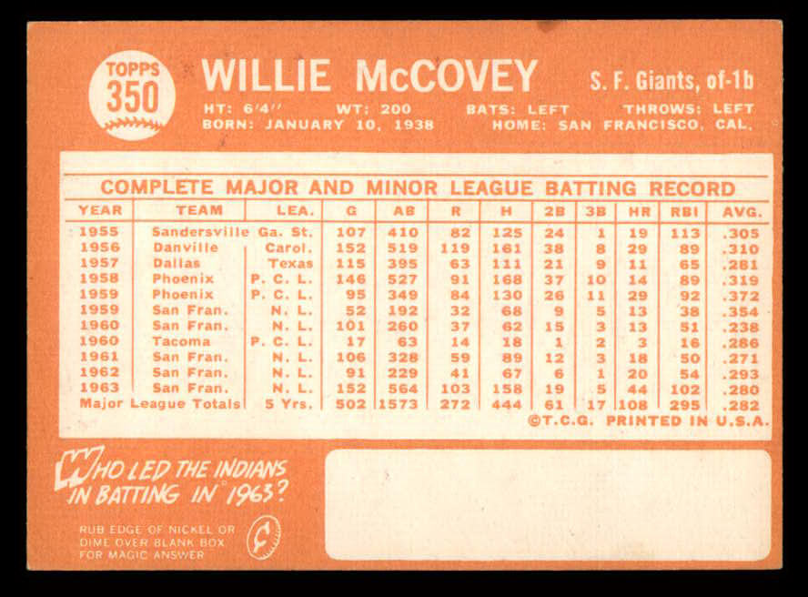 1964 Topps Baseball #350 Willie McCovey Giants VG-EX 566199