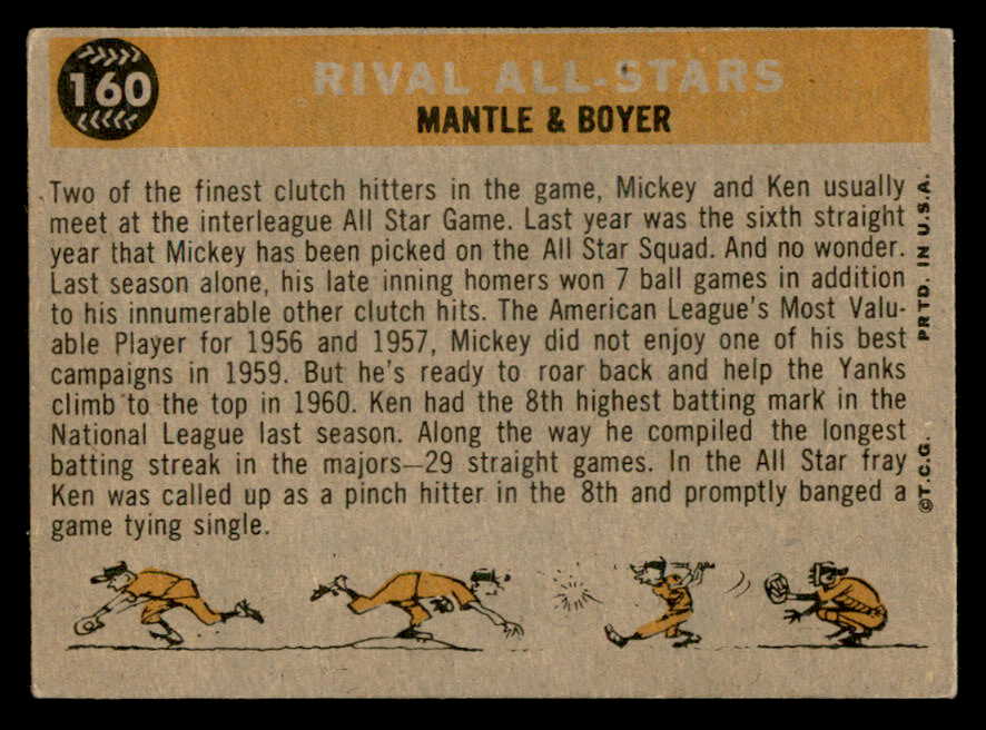 1960 Topps Baseball #160 Mickey Mantle Ken Boyer VG 566201