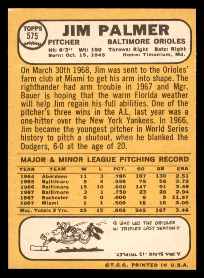 1968 Topps Baseball #575 Jim Palmer Orioles NR-MT 566267