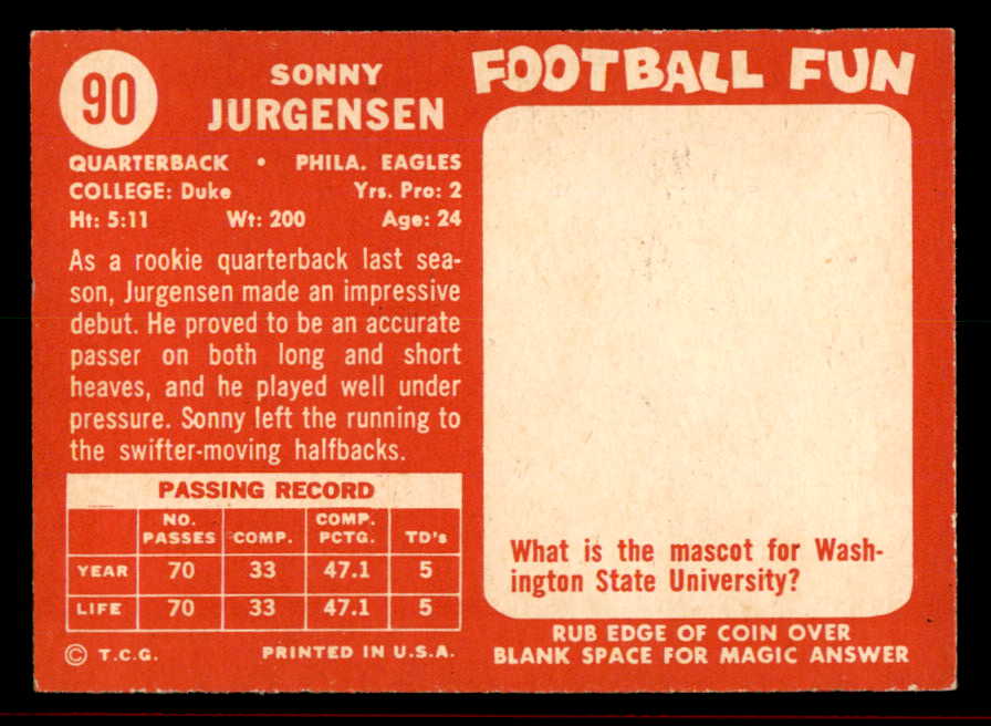 1958 Topps Football #90 Sonny Jurgensen Eagles EX-MT/NR-MT 566289