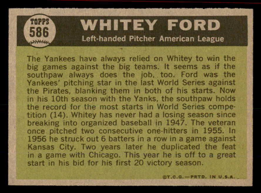 1961 Topps Baseball #586 Whitey Ford A.S. Yankees VG-EX 566311