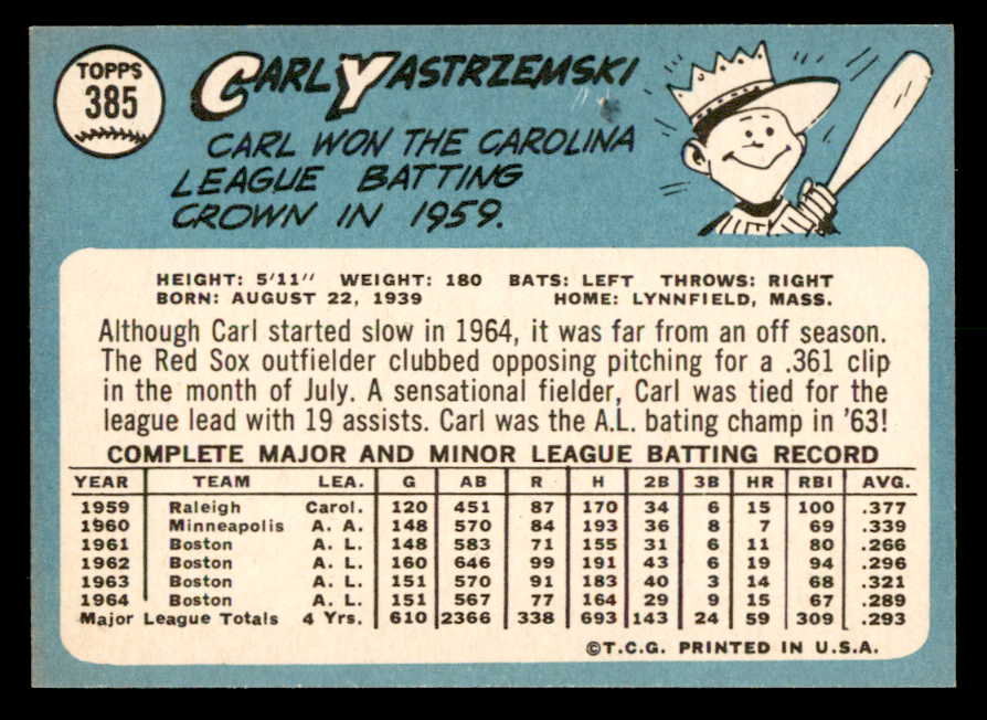 1965 Topps Baseball #385 Carl Yastrzemski Red Sox NR-MT 566318