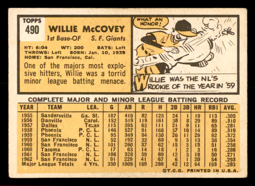1963 Topps Baseball #490 Willie McCovey Giants VG-EX 566323