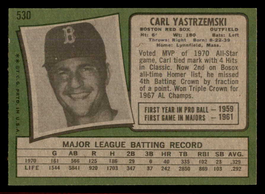 1971 Topps Baseball #530 Carl Yastrzemski Red Sox EX-MT/NR-MT 566392
