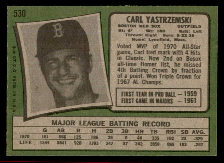 1971 Topps Baseball #530 Carl Yastrzemski Red Sox EX-MT 566393