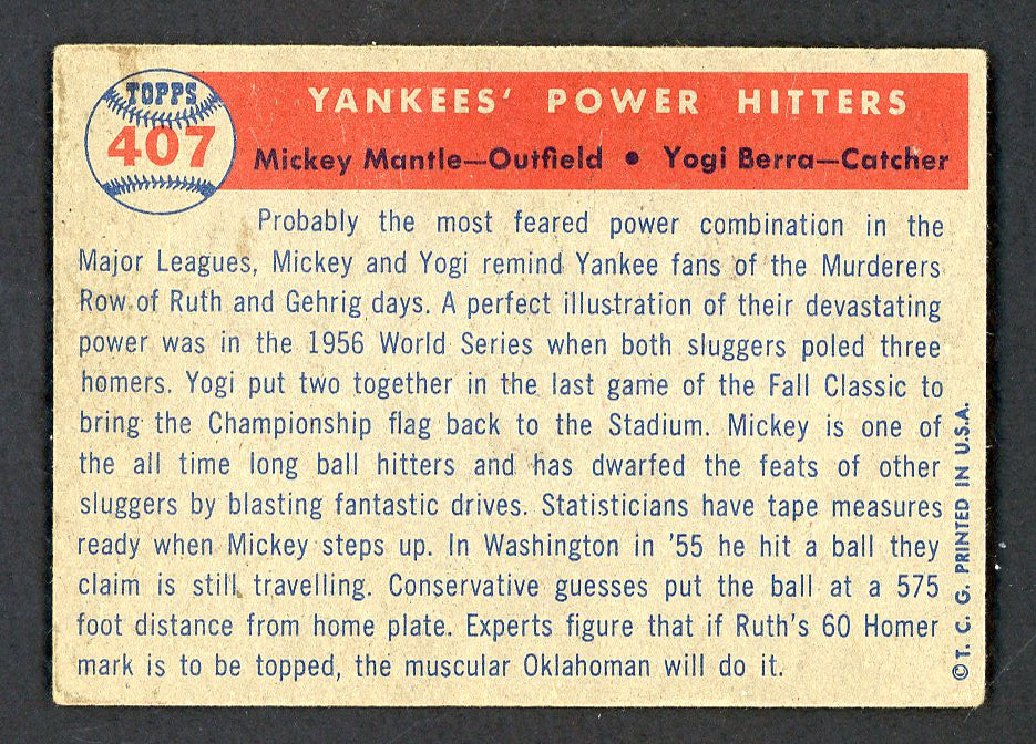 1957 Topps Baseball #407 Mickey Mantle Yogi Berra Yankees VG-EX 566421