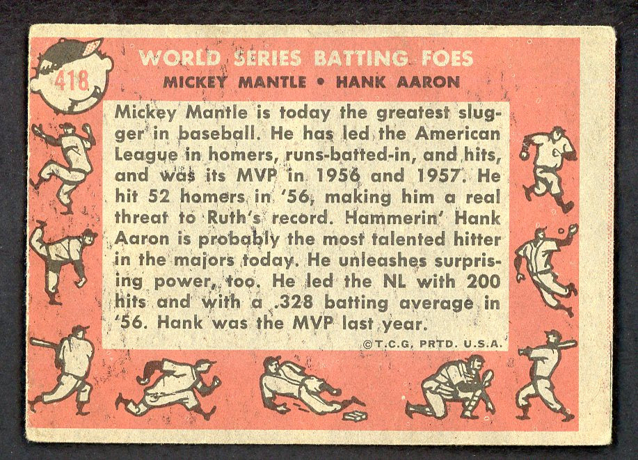 1958 Topps Baseball #418 Mickey Mantle Hank Aaron VG/VG-EX 566480
