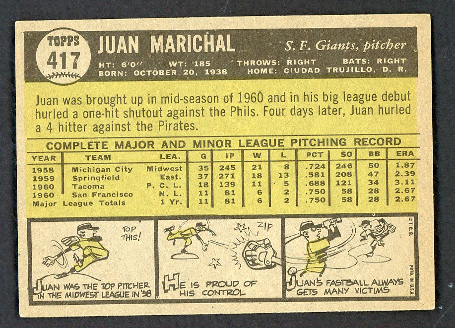 1961 Topps Baseball #417 Juan Marichal Giants EX+/EX-MT 566502