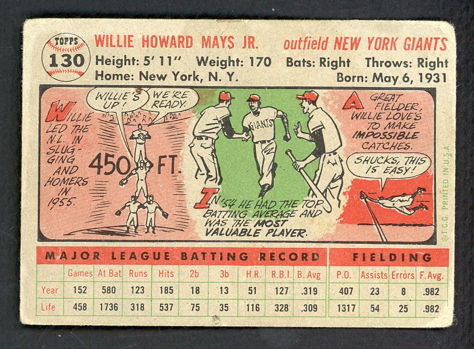 1956 Topps Baseball #130 Willie Mays Giants VG Gray 566555