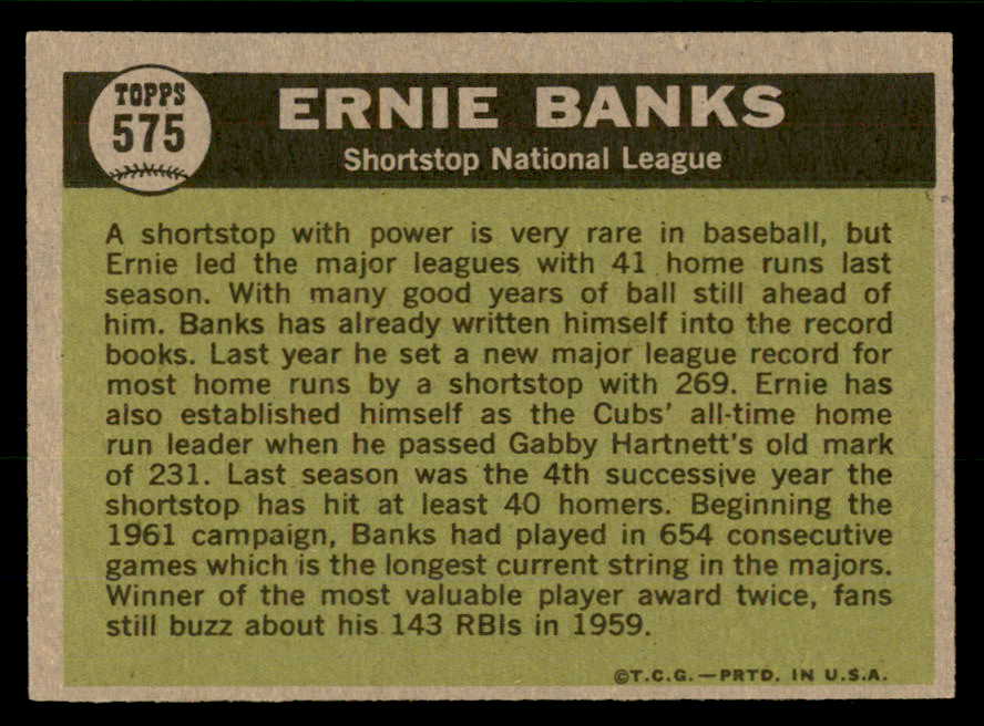 1961 Topps Baseball #575 Ernie Banks A.S. Cubs EX-MT 566570
