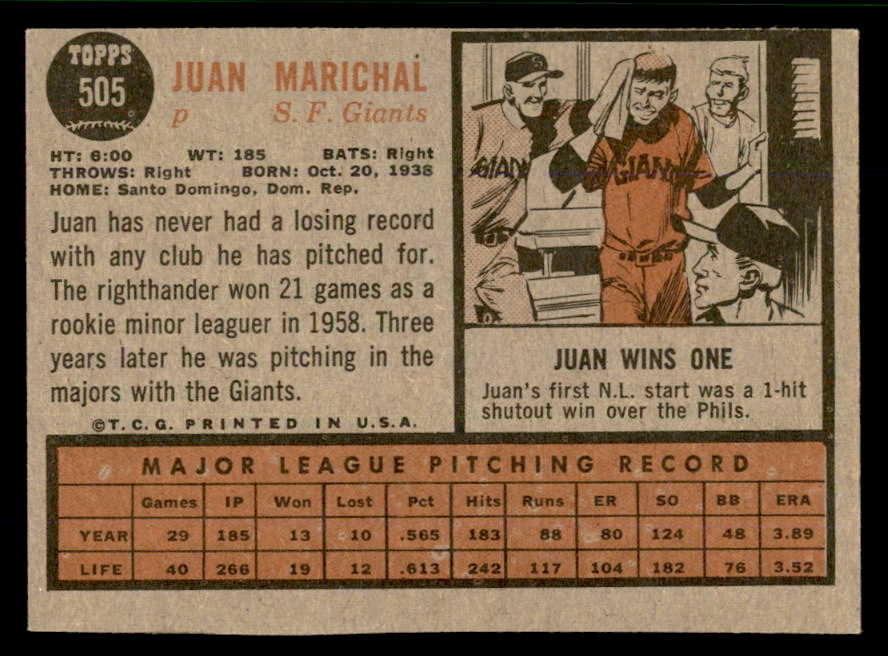 1962 Topps Baseball #505 Juan Marichal Giants EX-MT 566610