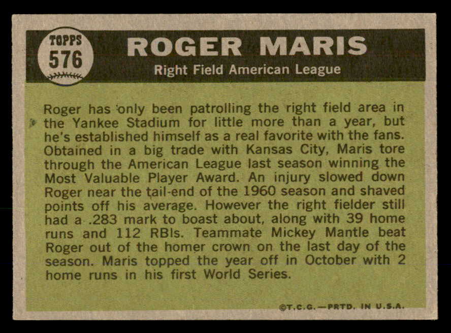 1961 Topps Baseball #576 Roger Maris A.S. Yankees NR-MT 566614