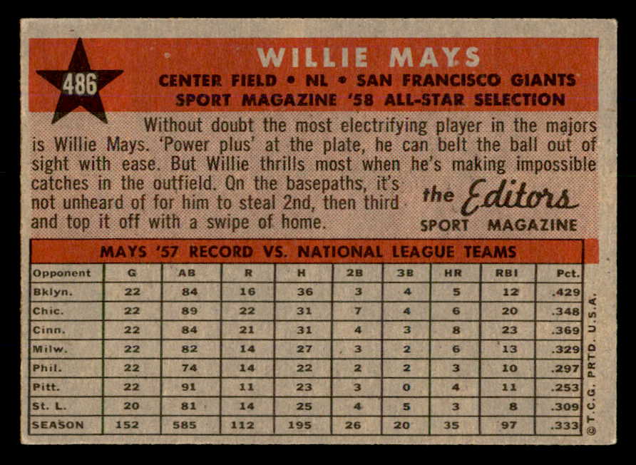 1958 Topps Baseball #486 Willie Mays A.S. Giants EX+/EX-MT 566661