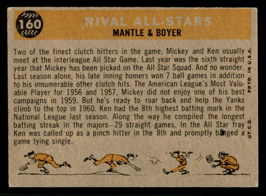 1960 Topps Baseball #160 Mickey Mantle Ken Boyer VG-EX 566678