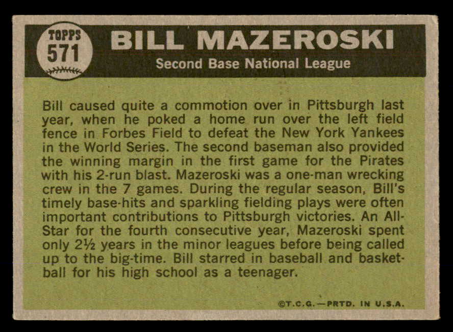 1961 Topps Baseball #571 Bill Mazeroski A.S. Pirates VG-EX 566687