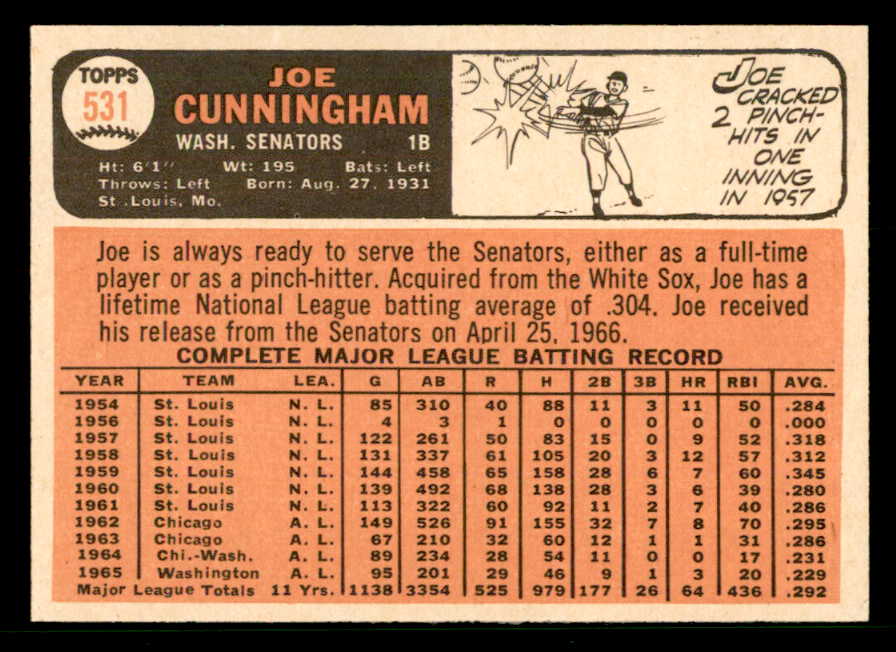 1966 Topps Baseball #531 Joe Cunningham Senators EX-MT 566719