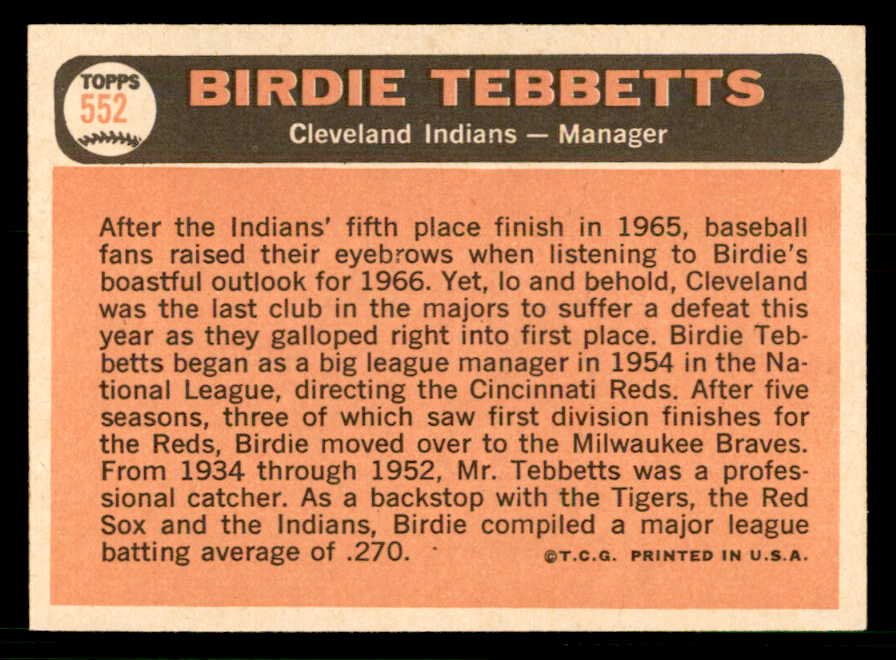 1966 Topps Baseball #552 Birdie Tebbetts Indians EX-MT 566788