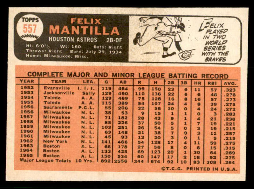 1966 Topps Baseball #557 Felix Mantilla Astros EX-MT 566808