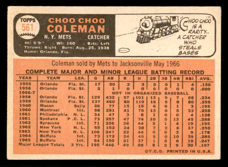 1966 Topps Baseball #561 Choo Choo Coleman Mets EX 566822