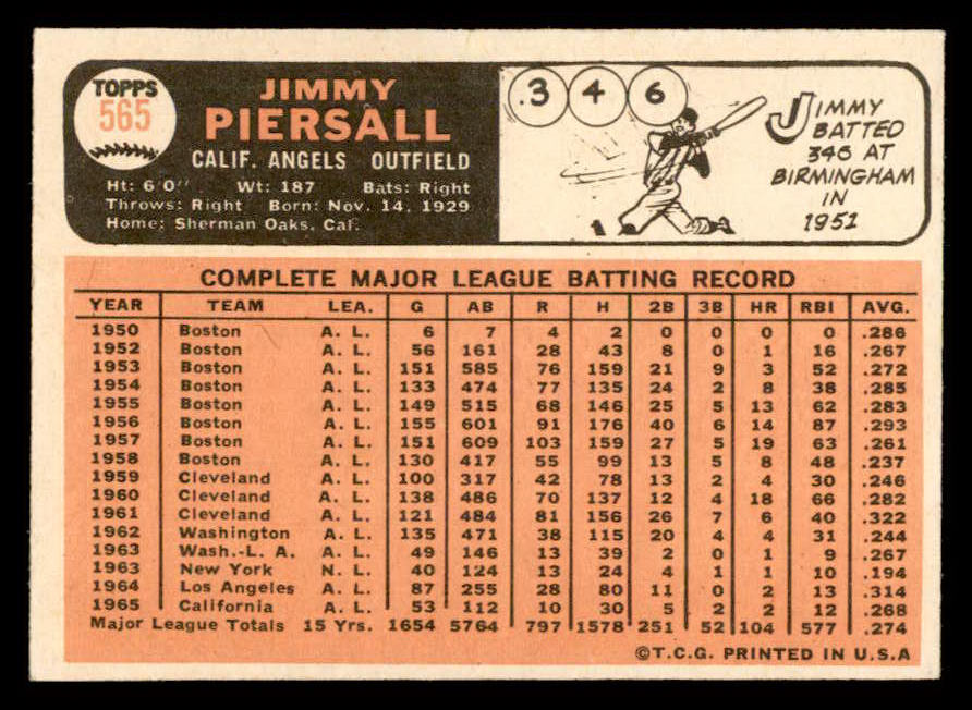 1966 Topps Baseball #565 Jimmy Piersall Angels EX-MT 566839