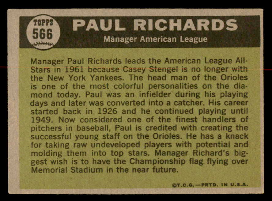 1961 Topps Baseball #566 Paul Richards A.S. Orioles EX-MT 567074