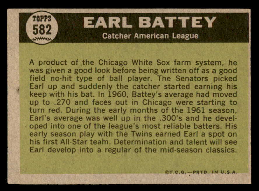 1961 Topps Baseball #582 Earl Battey A.S. Twins EX 567093