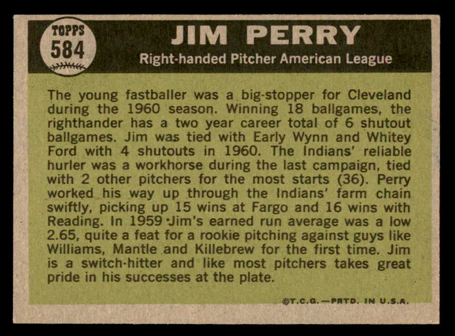 1961 Topps Baseball #584 Jim Perry A.S. Indians EX-MT 567097