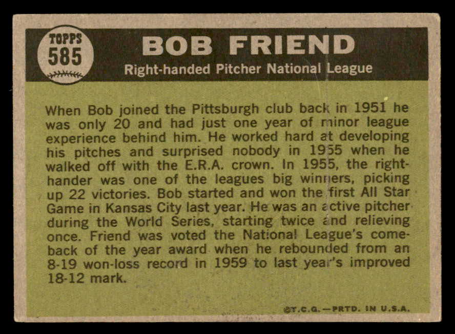 1961 Topps Baseball #585 Bob Friend A.S. Pirates EX-MT 567100