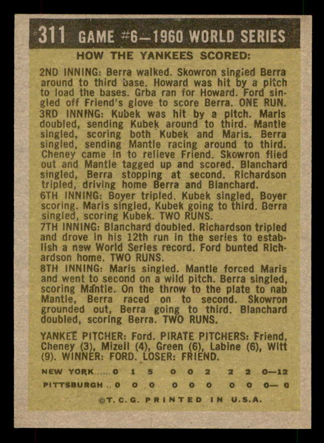 1961 Topps Baseball #311 World Series Game 6 Whitey Ford EX-MT 567270