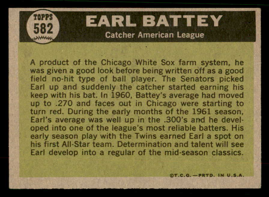 1961 Topps Baseball #582 Earl Battey A.S. Twins EX-MT 567273