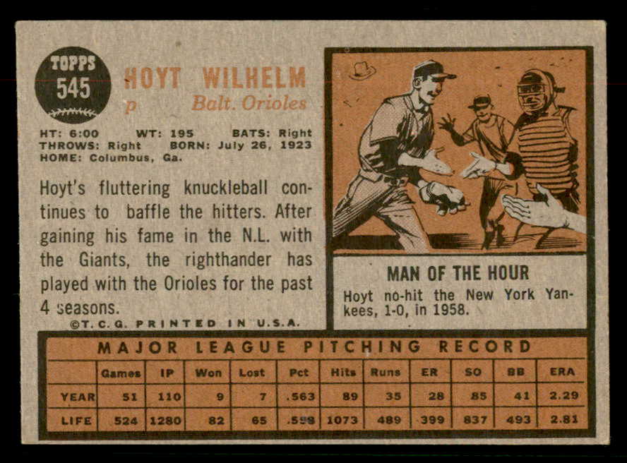 1962 Topps Baseball #545 Hoyt Wilhelm Orioles VG-EX 567287