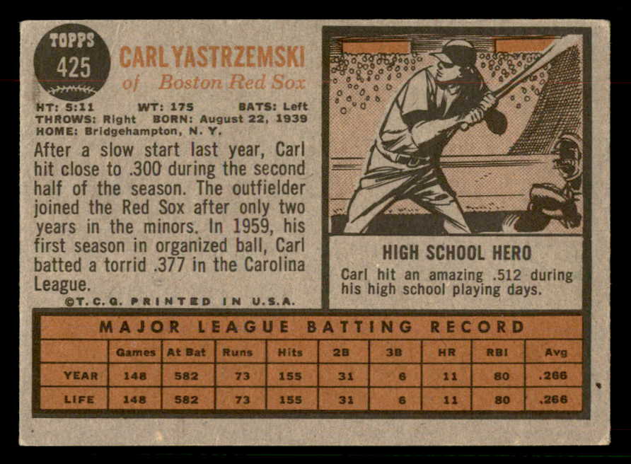 1962 Topps Baseball #425 Carl Yastrzemski Red Sox VG-EX 567337