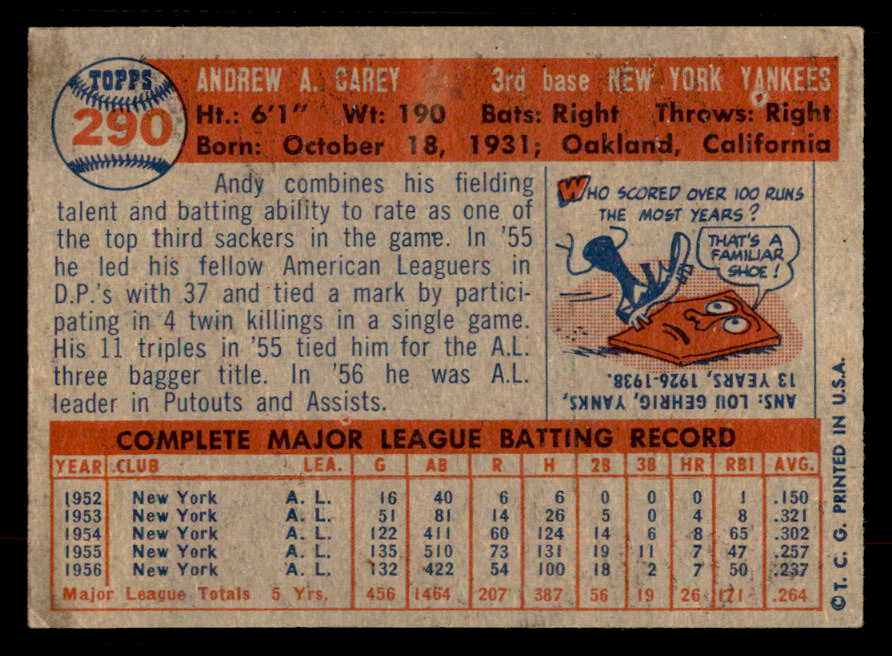 1957 Topps Baseball #290 Andy Carey Yankees EX-MT 567343