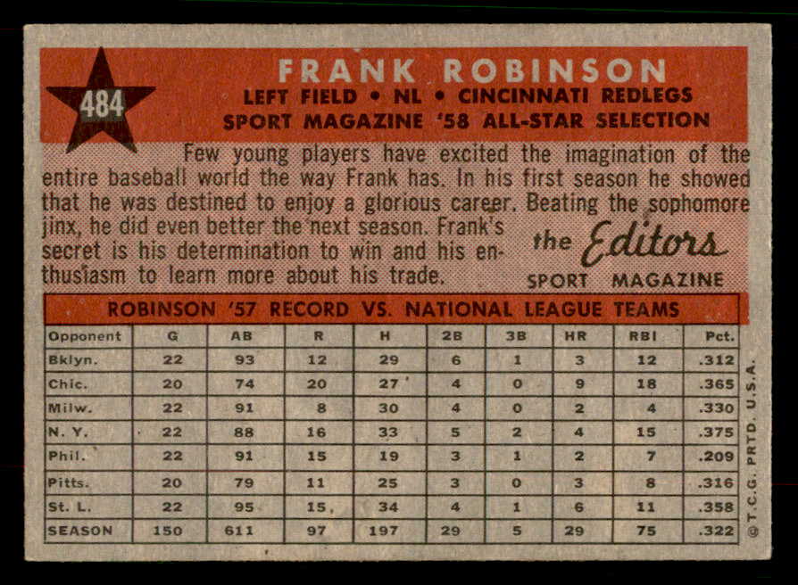 1958 Topps Baseball #484 Frank Robinson A.S. Reds EX-MT 567351