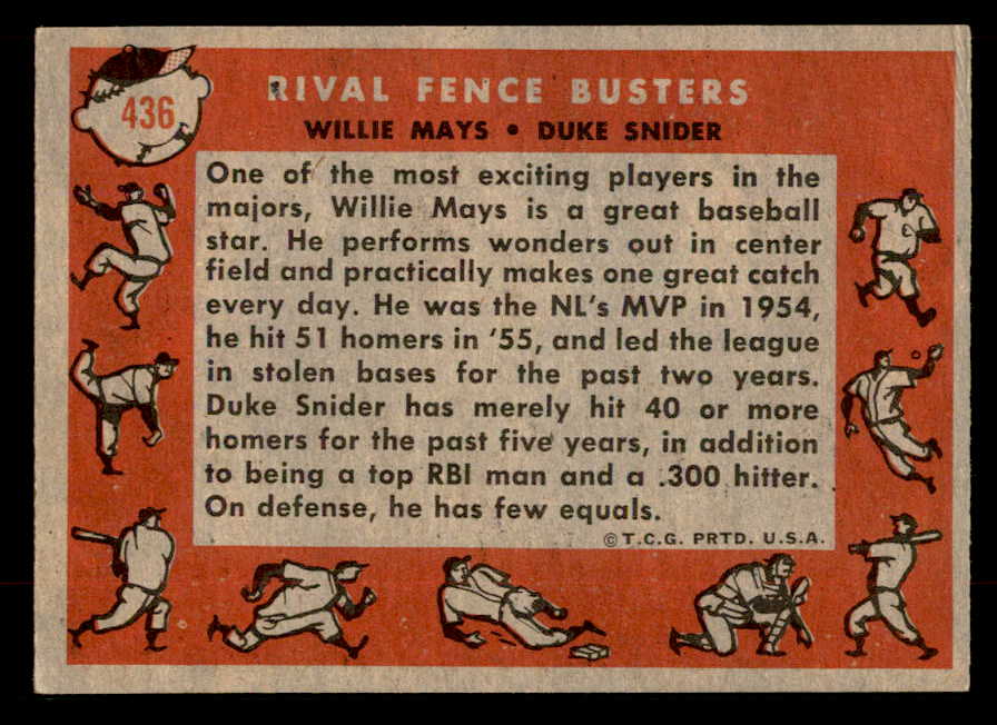 1958 Topps Baseball #436 Willie Mays Duke Snider EX-MT 567352