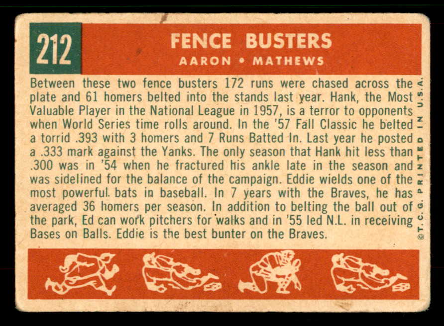 1959 Topps Baseball #212 Hank Aaron Eddie Mathews VG 567416
