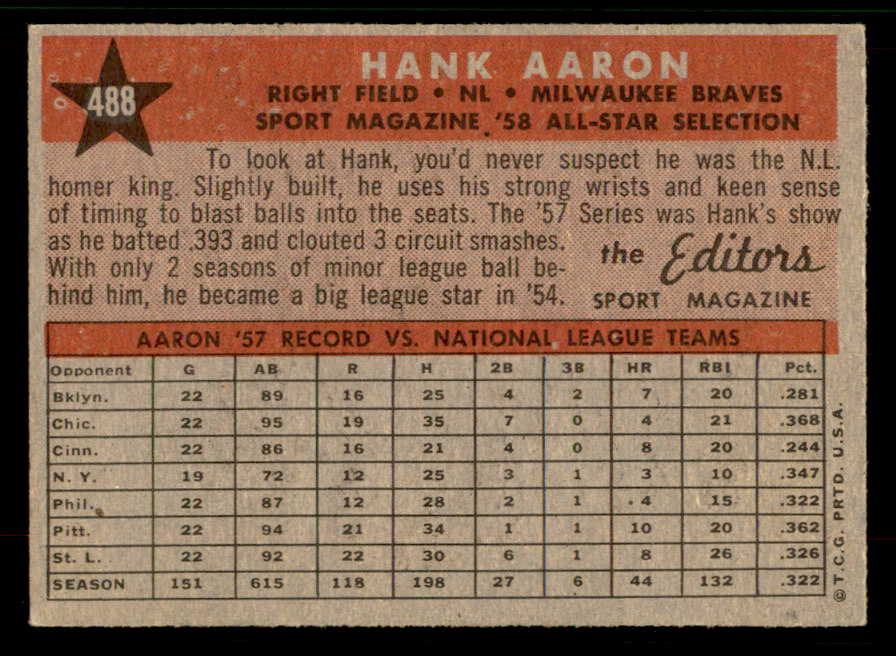 1958 Topps Baseball #488 Hank Aaron A.S. Braves EX 567420