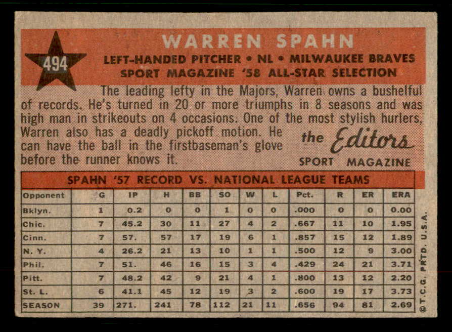 1958 Topps Baseball #494 Warren Spahn A.S. Braves EX 567421