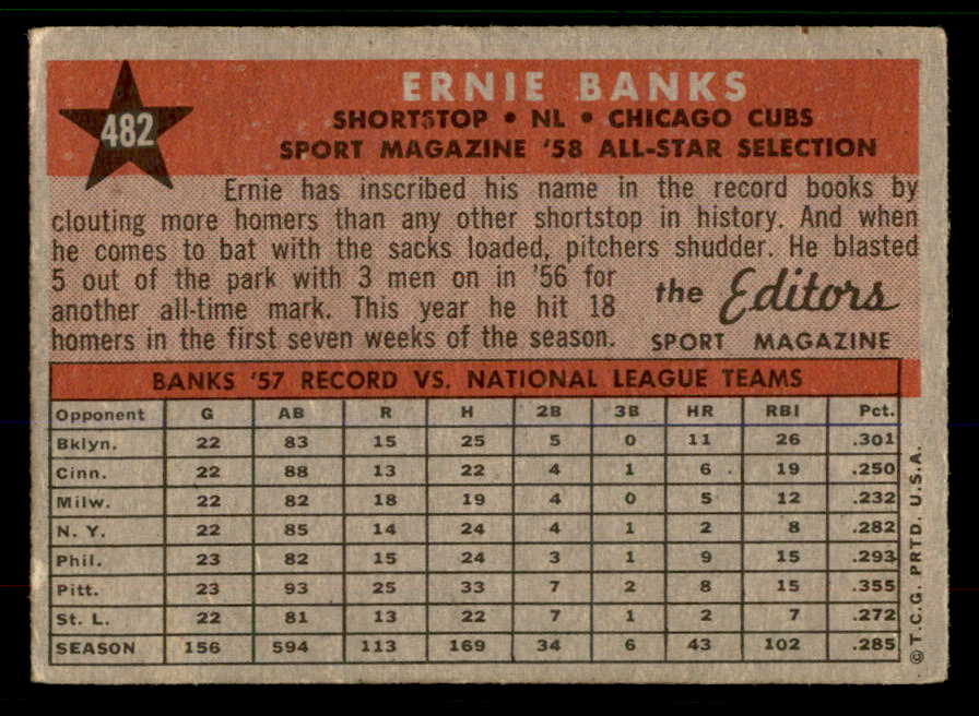 1958 Topps Baseball #482 Ernie Banks A.S. Cubs VG-EX 567423