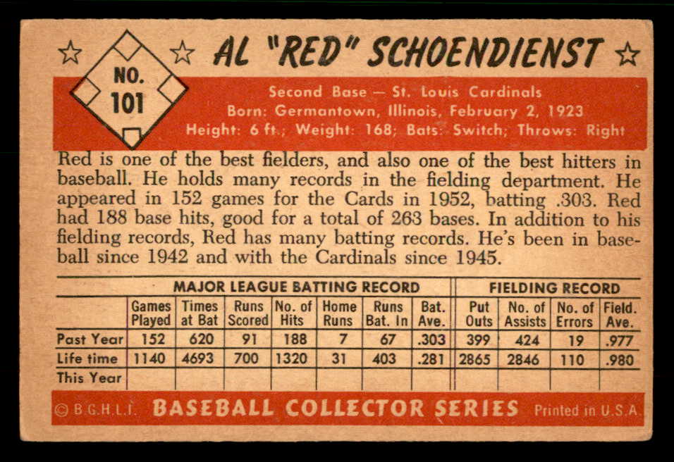 1953 Bowman Color Baseball #101 Red Schoendienst Cardinals VG-EX 567432