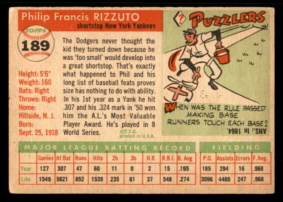 1955 Topps Baseball #189 Phil Rizzuto Yankees VG 567462