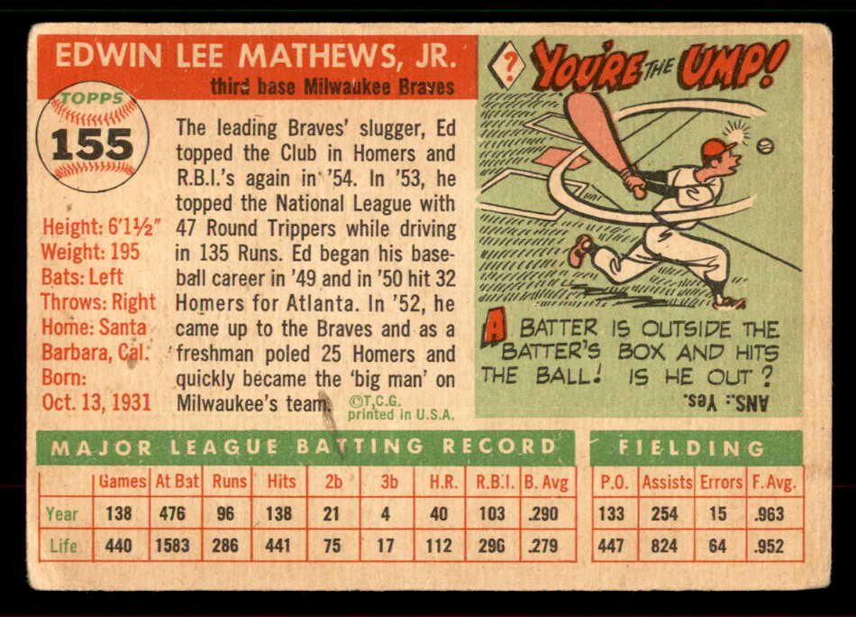 1955 Topps Baseball #155 Eddie Mathews Braves VG 567464
