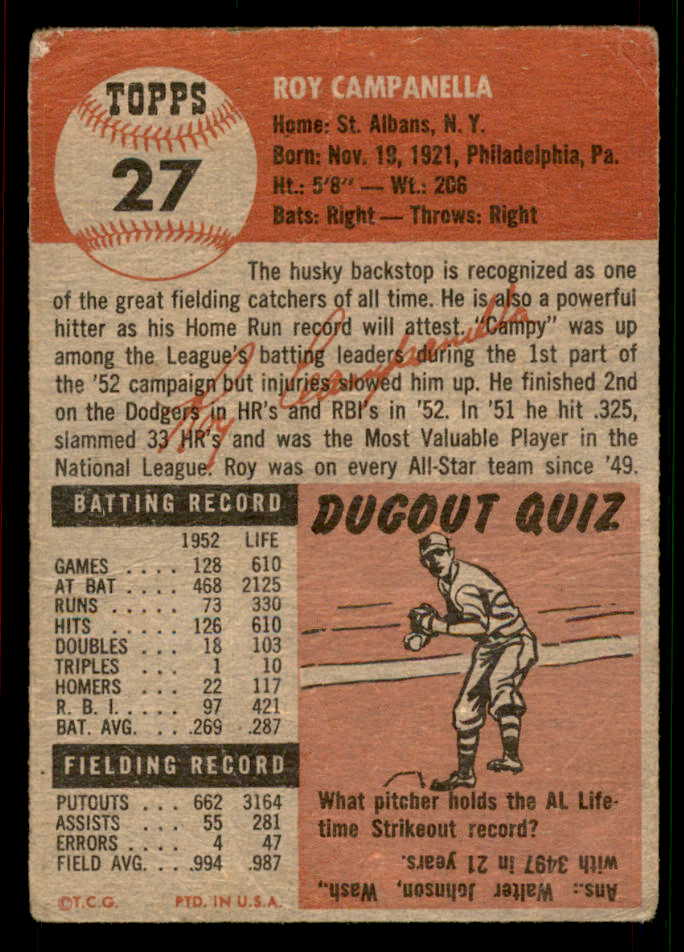 1953 Topps Baseball #027 Roy Campanella Dodgers PR-FR 567470