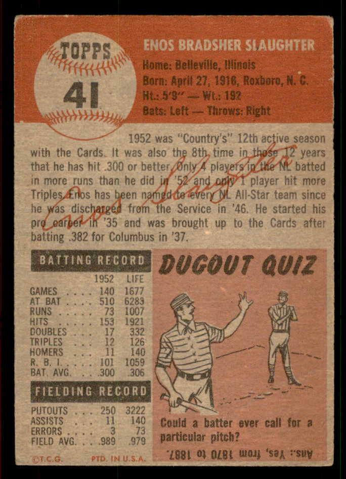 1953 Topps Baseball #041 Enos Slaughter Cardinals VG 567484