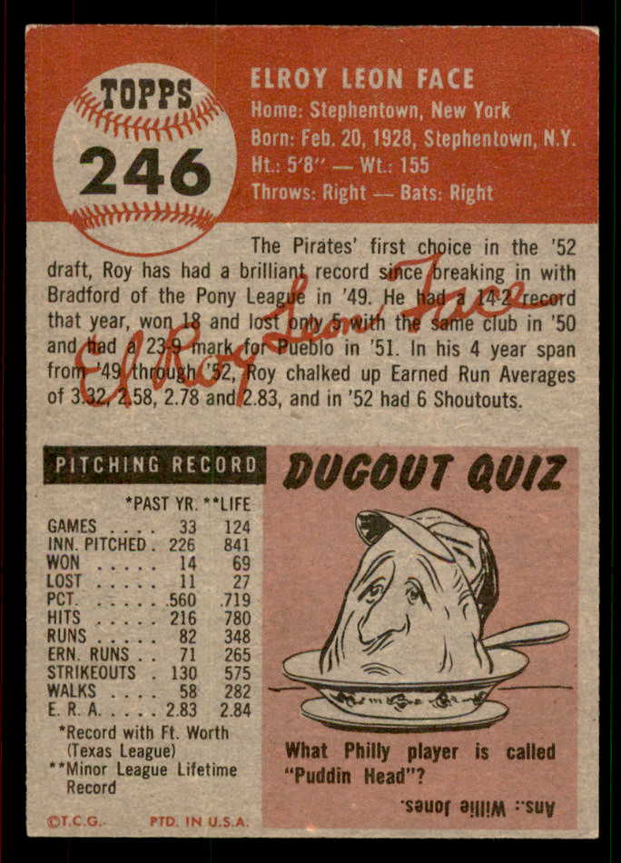 1953 Topps Baseball #246 Roy Face Pirates EX-MT 567485